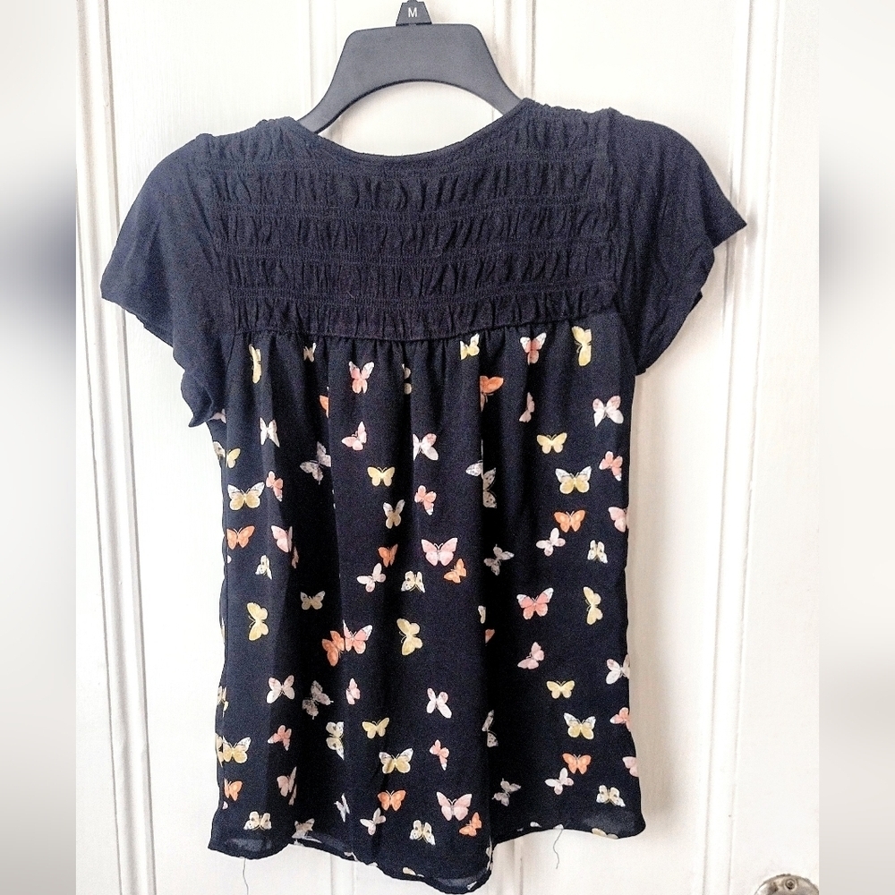 SO Black Top with Colorful Butterfly Print Blouse Size Small - Picture 5 of 6